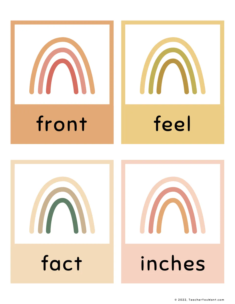 Fry sight word flashcards 21–24 from the fifth 100 for reading practice: front, feel, fact, and inches.