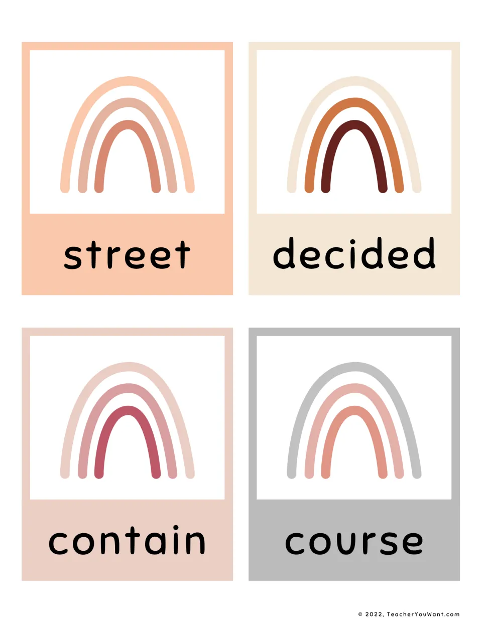 Fry sight word flashcards 25–28 from the fifth 100 for reading practice: street, decided, contain, and course.