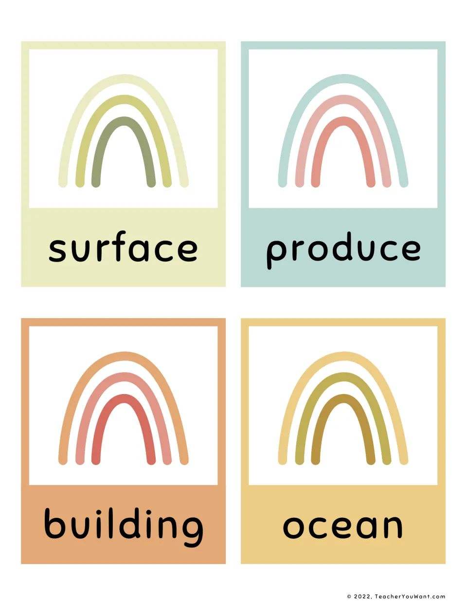 Fry sight word flashcards 29–32 from the fifth 100 for reading practice: surface, produce, building, and ocean.