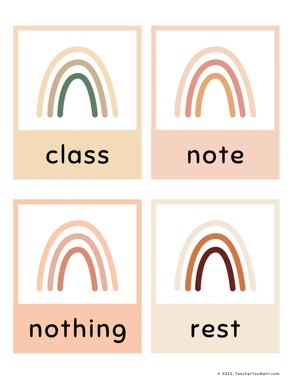Fry sight word flashcards 33–36 from the fifth 100 for reading practice: class, note, nothing, and rest.