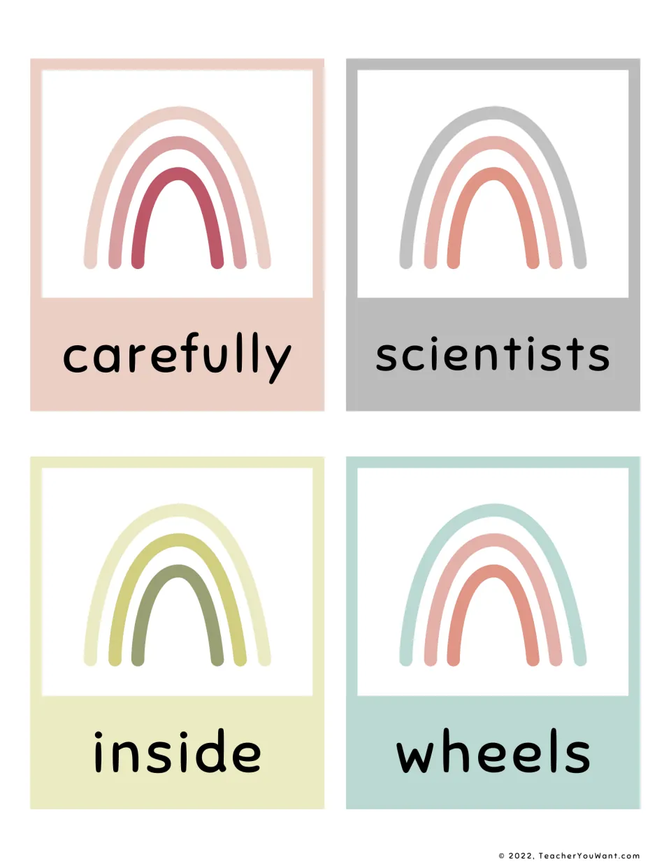 Fry sight word flashcards 37–40 from the fifth 100 for reading practice: carefully, scientists, inside, and wheels.
