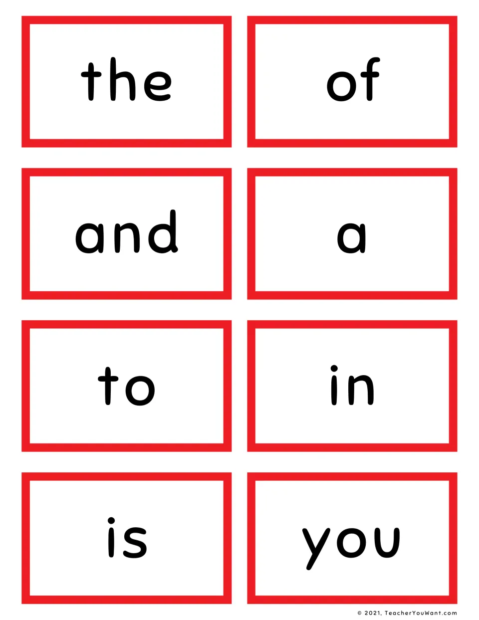 Red sight word flashcards: eight cards for the, of, and, a, to, in, is and you to cut apart for word recognition