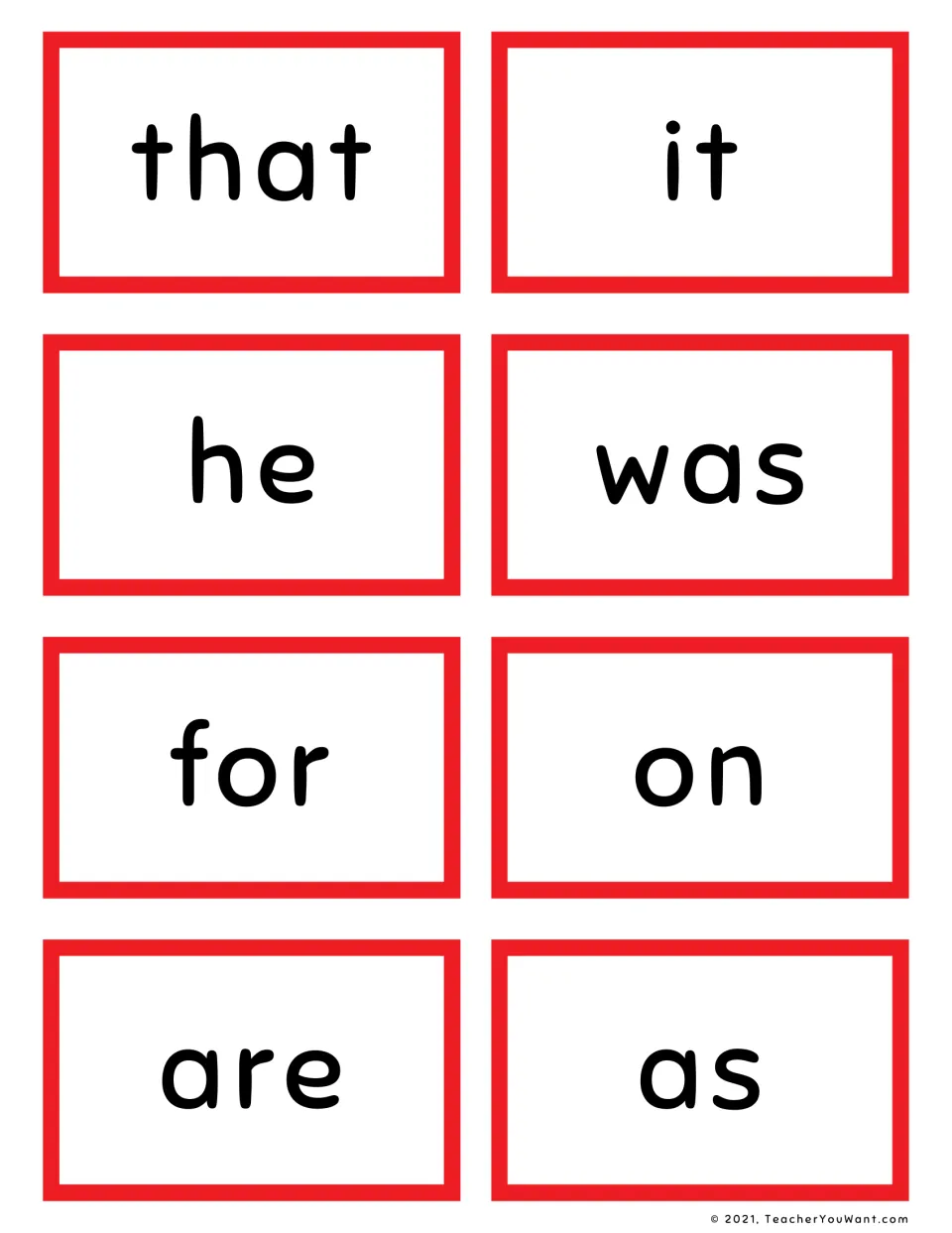 Red sight word cards for that, it, he, was, for, on, are and as, printed large for quick reading practice