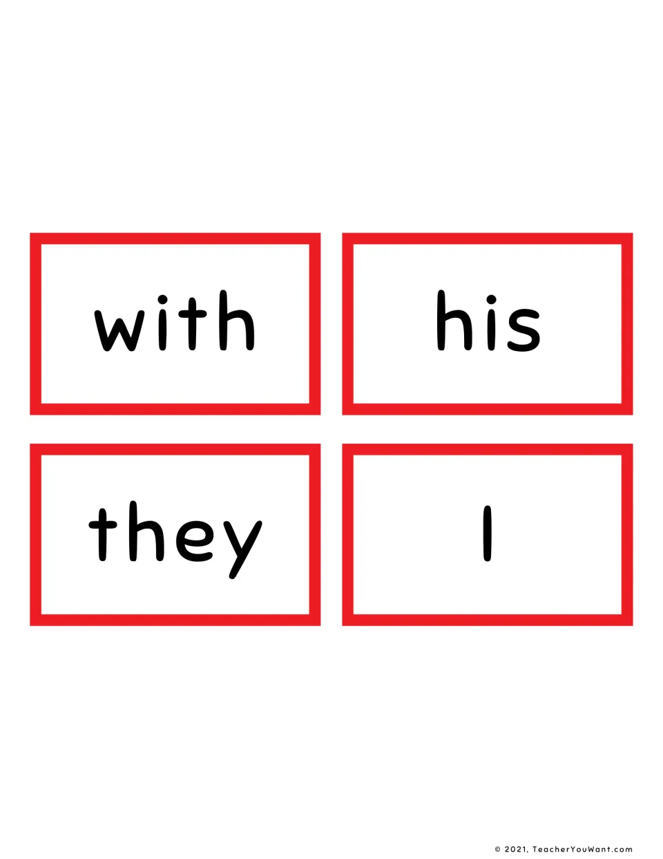 Final four red flashcards: with, his, they and I, completing the red group of sight words to read automatically