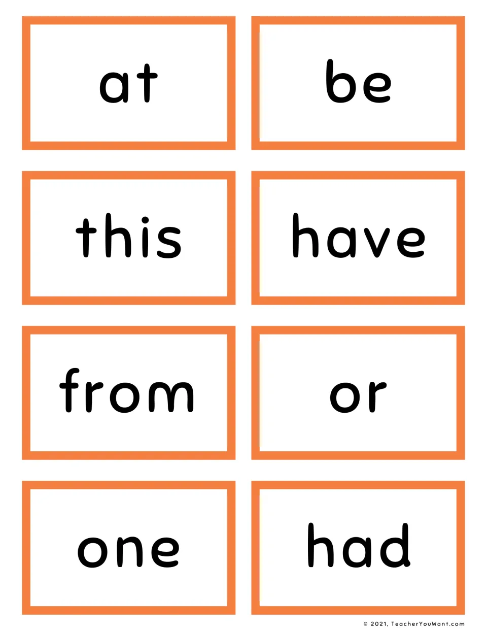 Orange sight word flashcards: at, be, this, have, from, or, one and had, each on its own card to read aloud