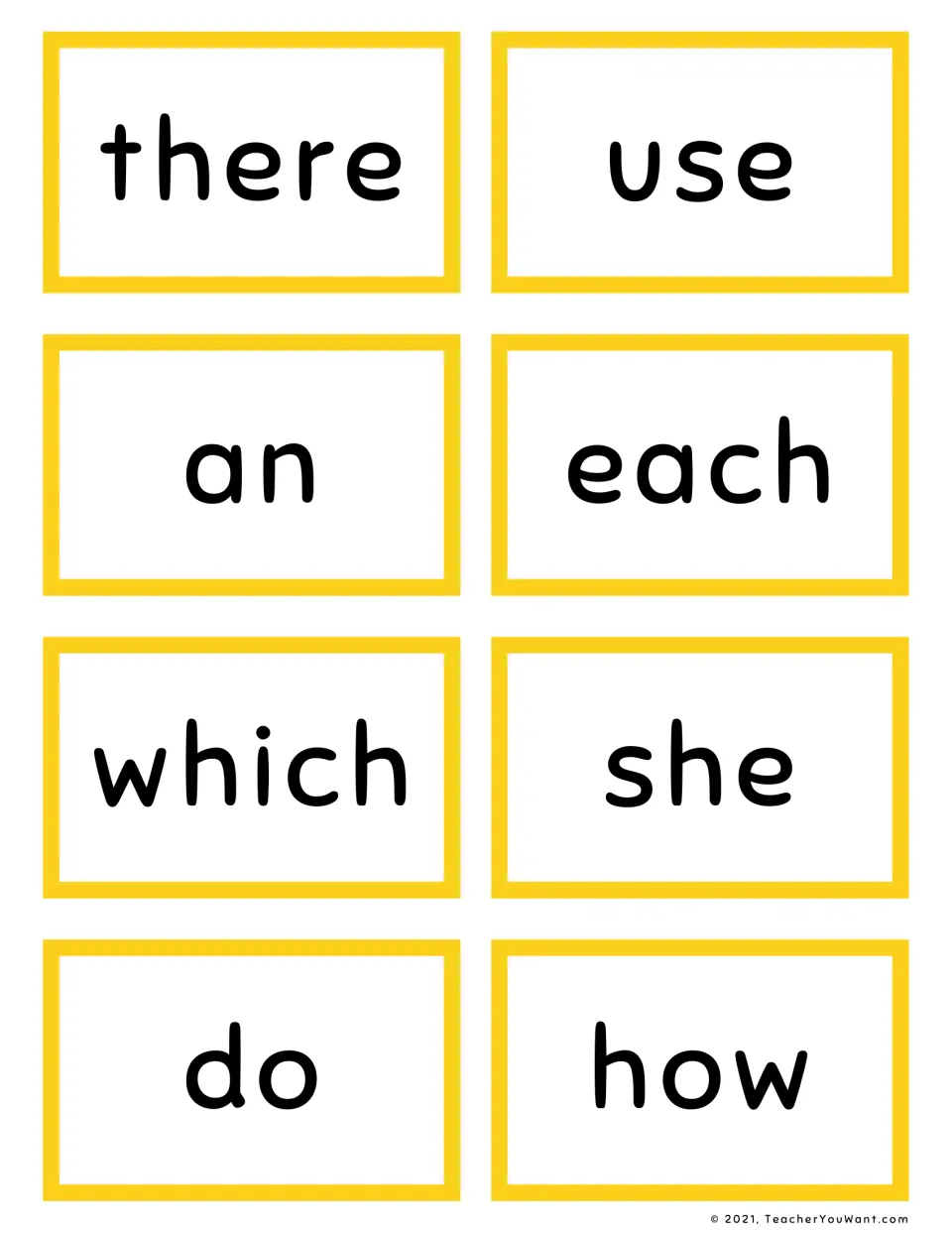 Yellow sight word flashcards: there, use, an, each, which, she, do and how for practising high-frequency words