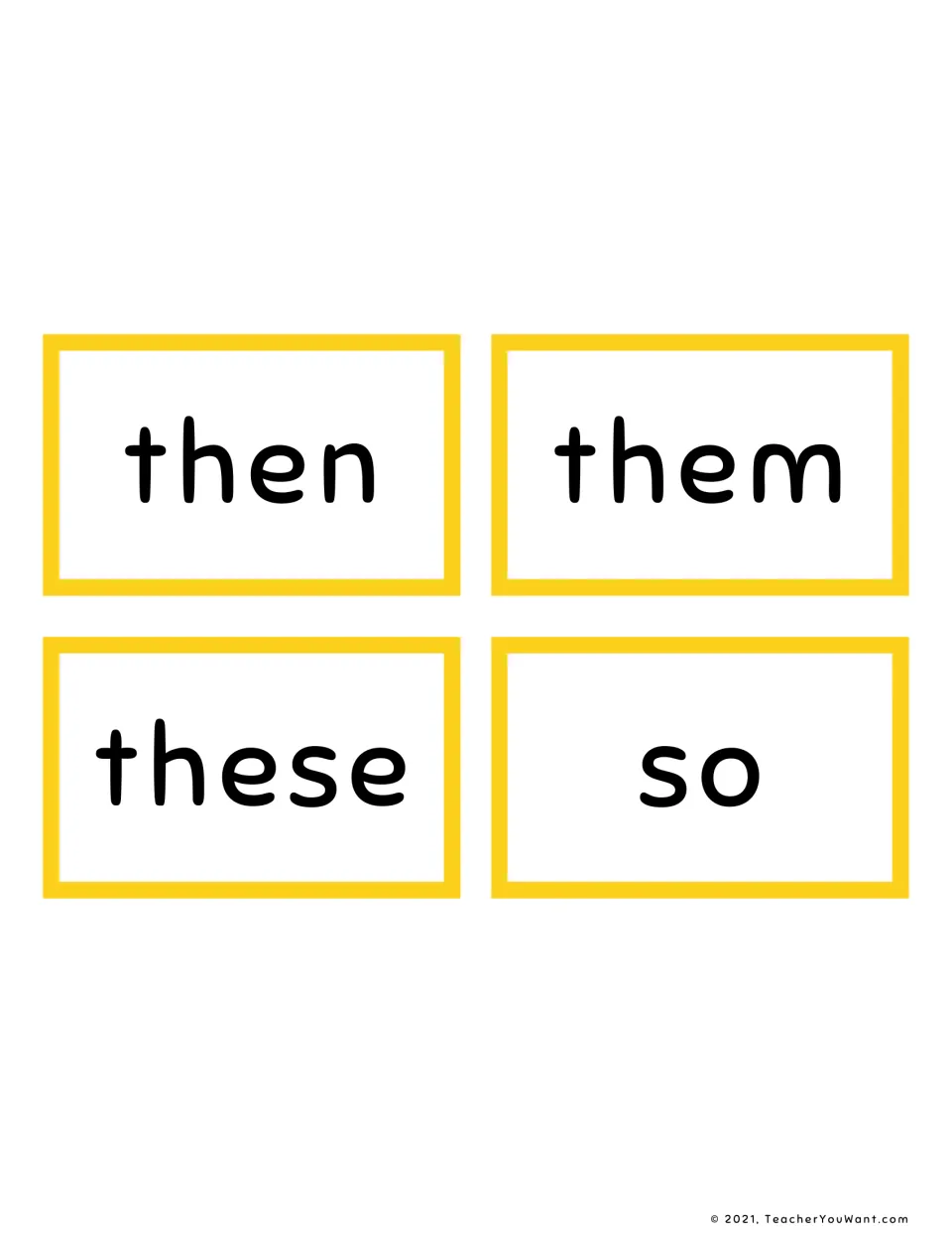 Final yellow flashcards: then, them, these and so; the first three are look-alike th- words to tell apart by sight