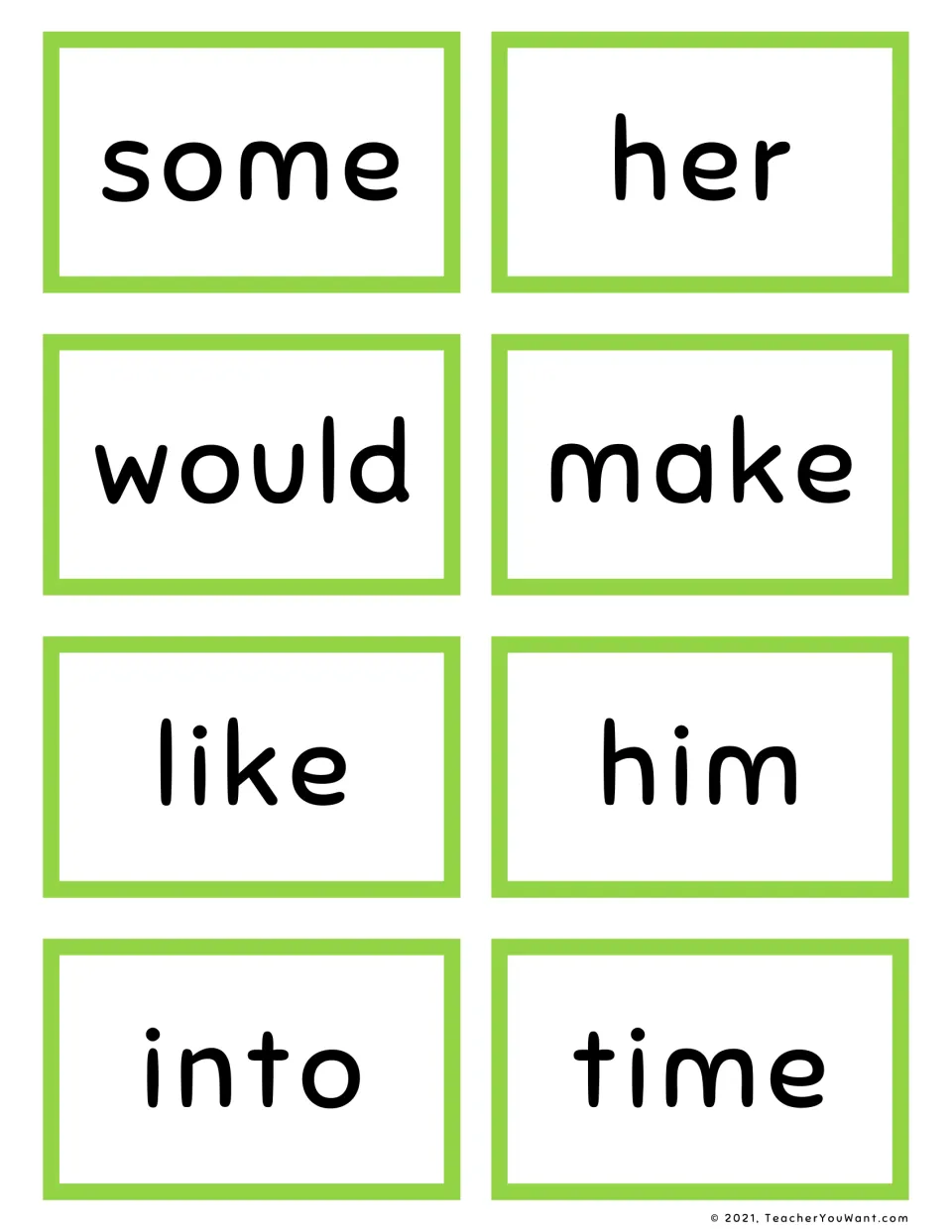 Green sight word flashcards: some, her, would, make, like, him, into and time, starting the green word group
