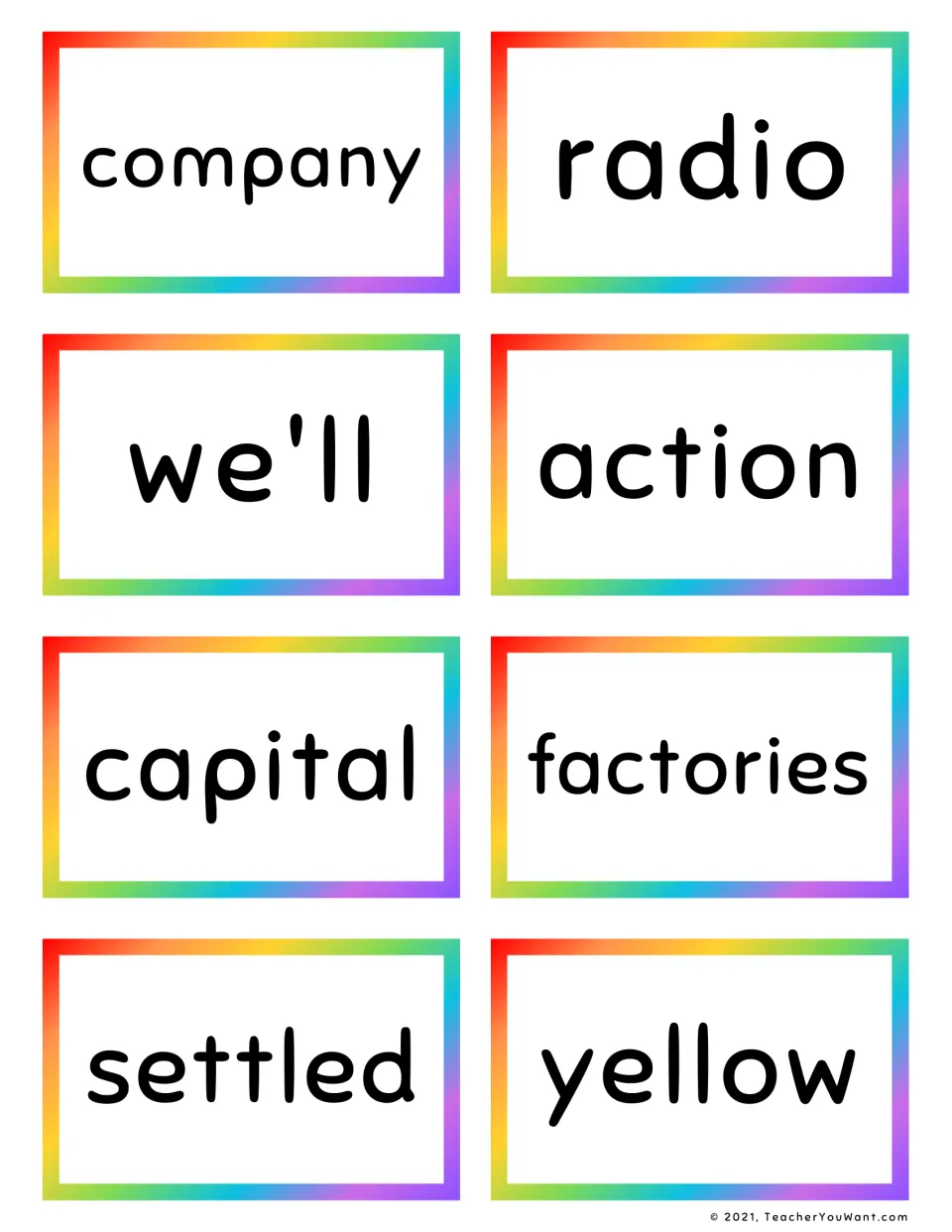 Sight word flashcards 1–8: company, radio, we'll, action, capital, factories, settled and yellow