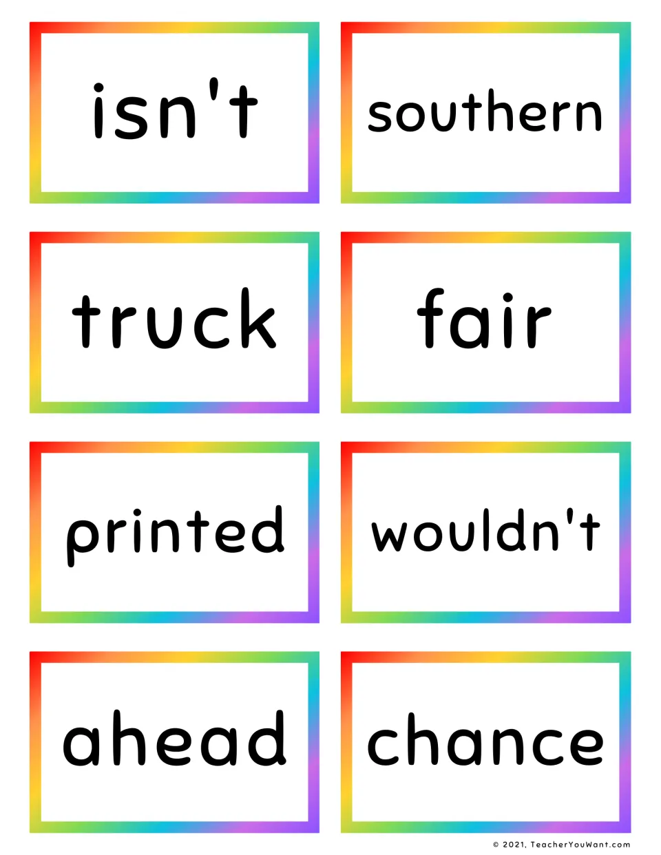 Sight word flashcards 9–16: isn't, southern, truck, fair, printed, wouldn't, ahead and chance