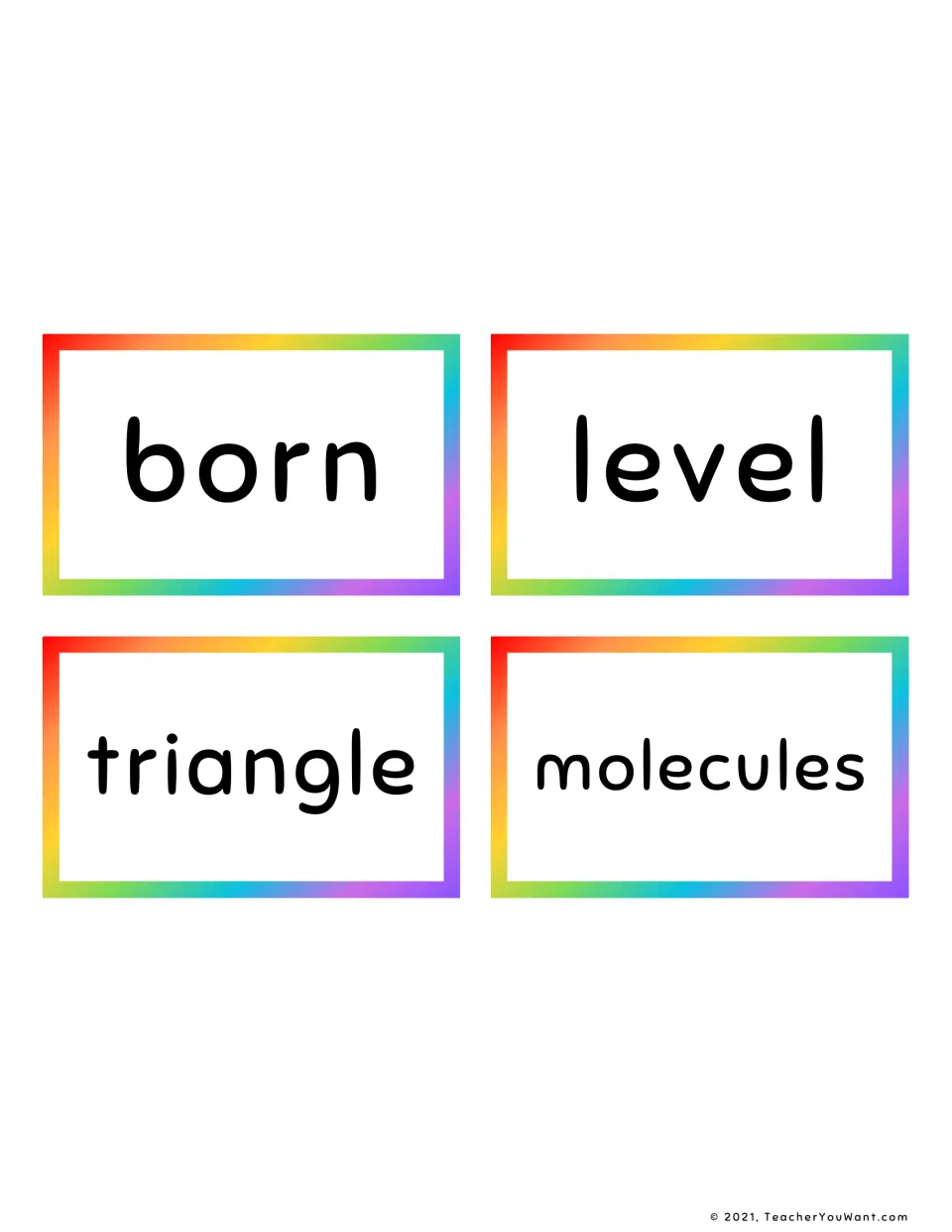 Sight word flashcards 17–20: four reading vocabulary cards showing born, level, triangle and molecules