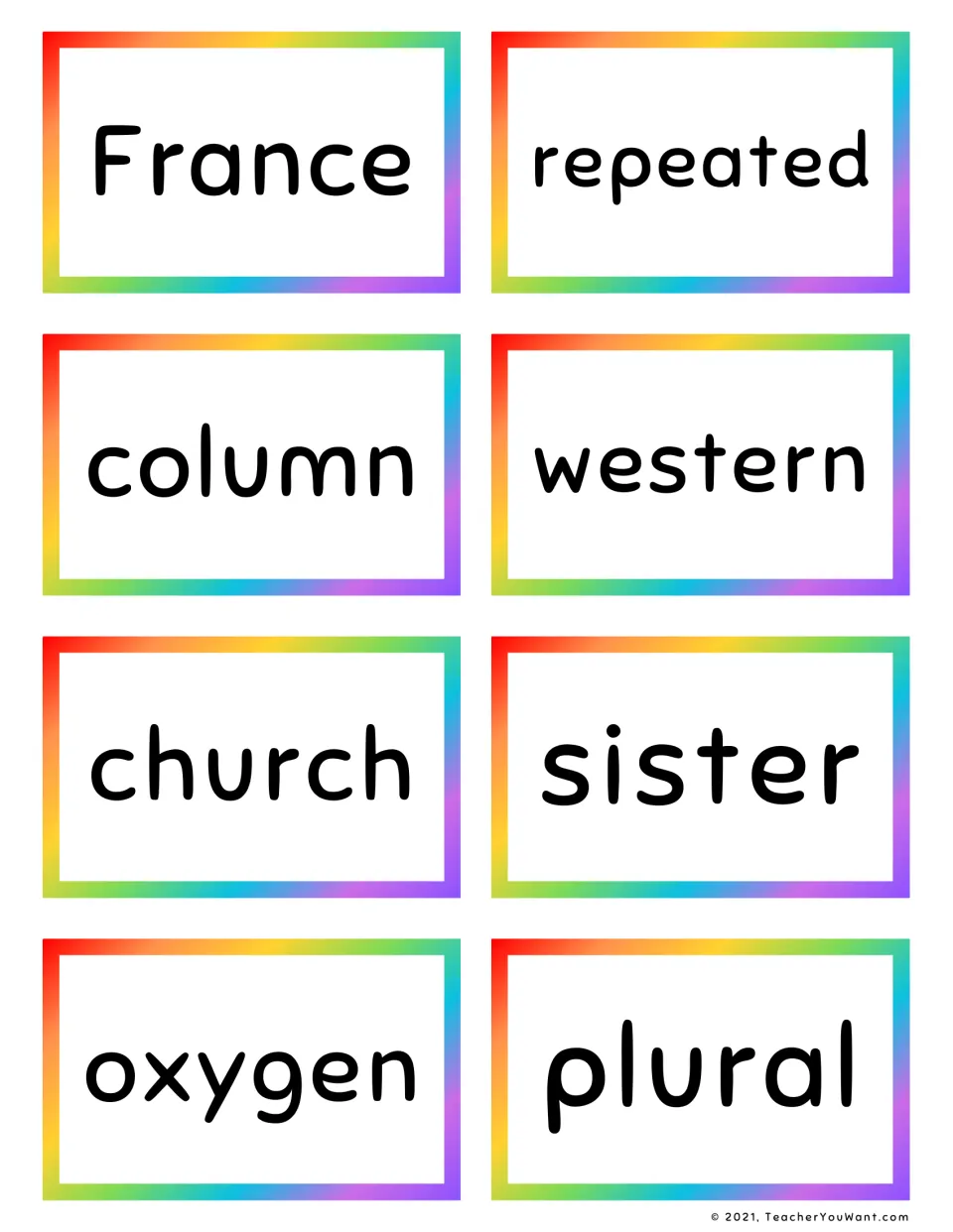 Sight word flashcards 21–28: France, repeated, column, western, church, sister, oxygen and plural