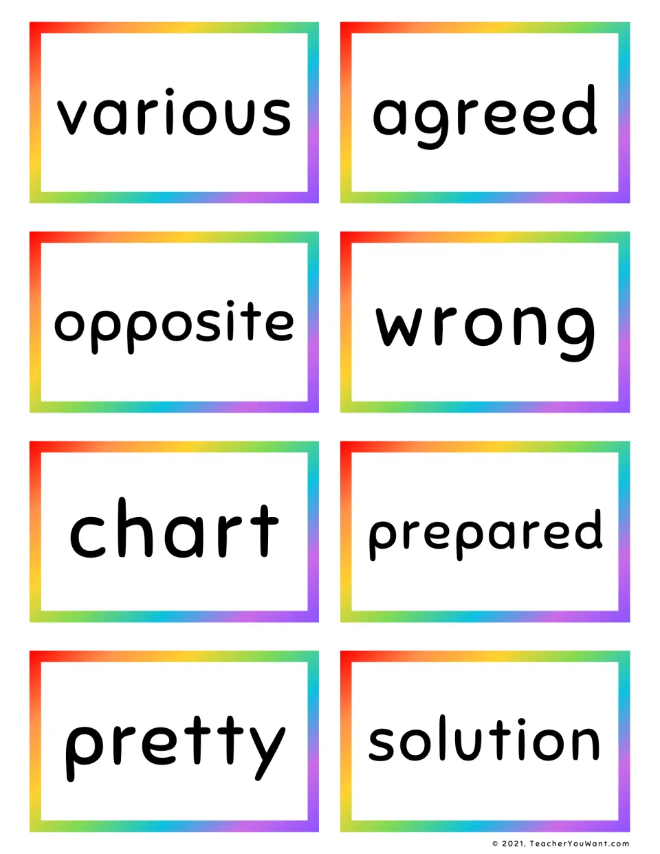 Sight word flashcards 29–36: various, agreed, opposite, wrong, chart, prepared, pretty and solution