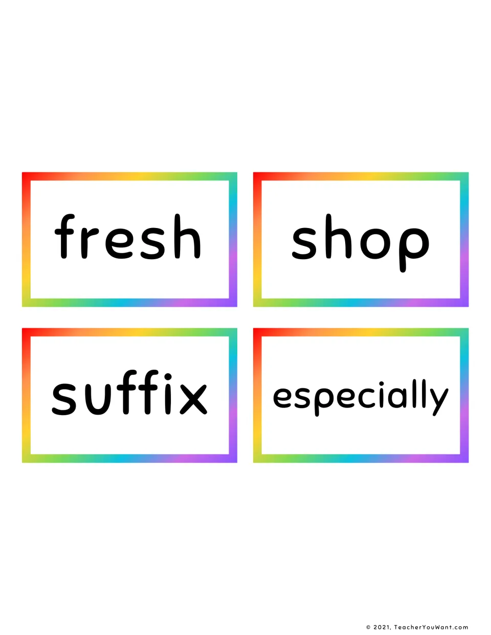 Sight word flashcards 37–40: four reading vocabulary cards showing fresh, shop, suffix and especially
