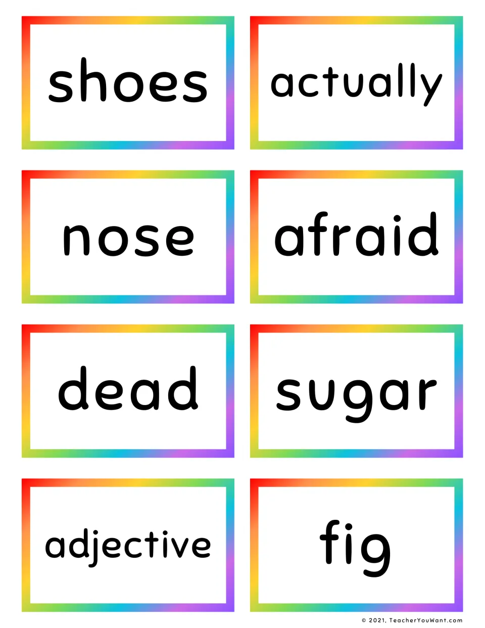 Sight word flashcards 41–48: shoes, actually, nose, afraid, dead, sugar, adjective and fig