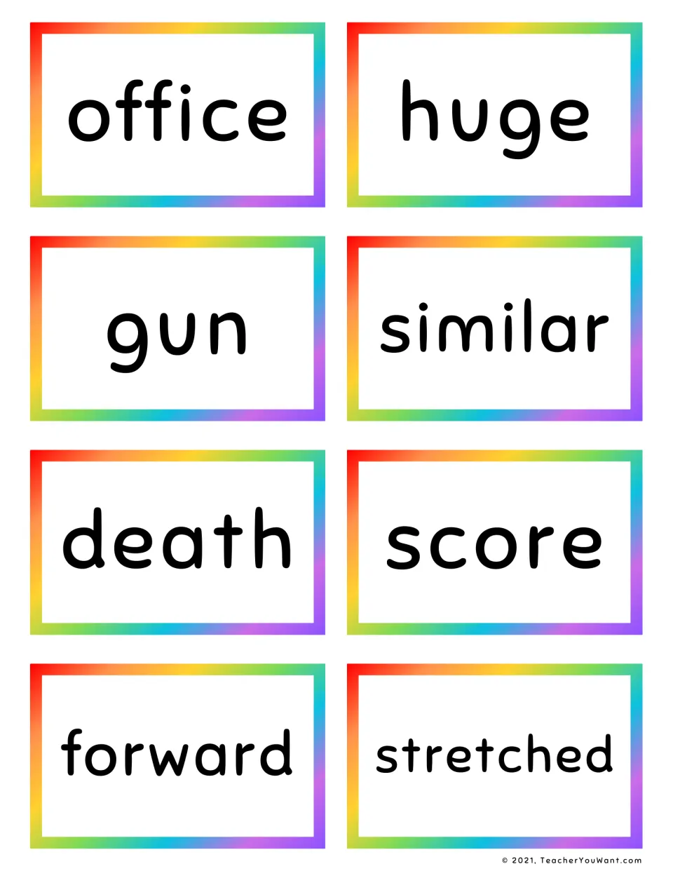 Sight word flashcards 49–56: office, huge, gun, similar, death, score, forward and stretched