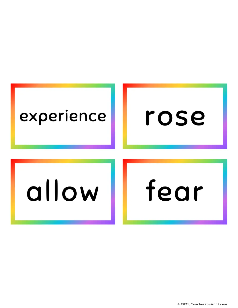 Sight word flashcards 57–60: four reading vocabulary cards showing experience, rose, allow and fear
