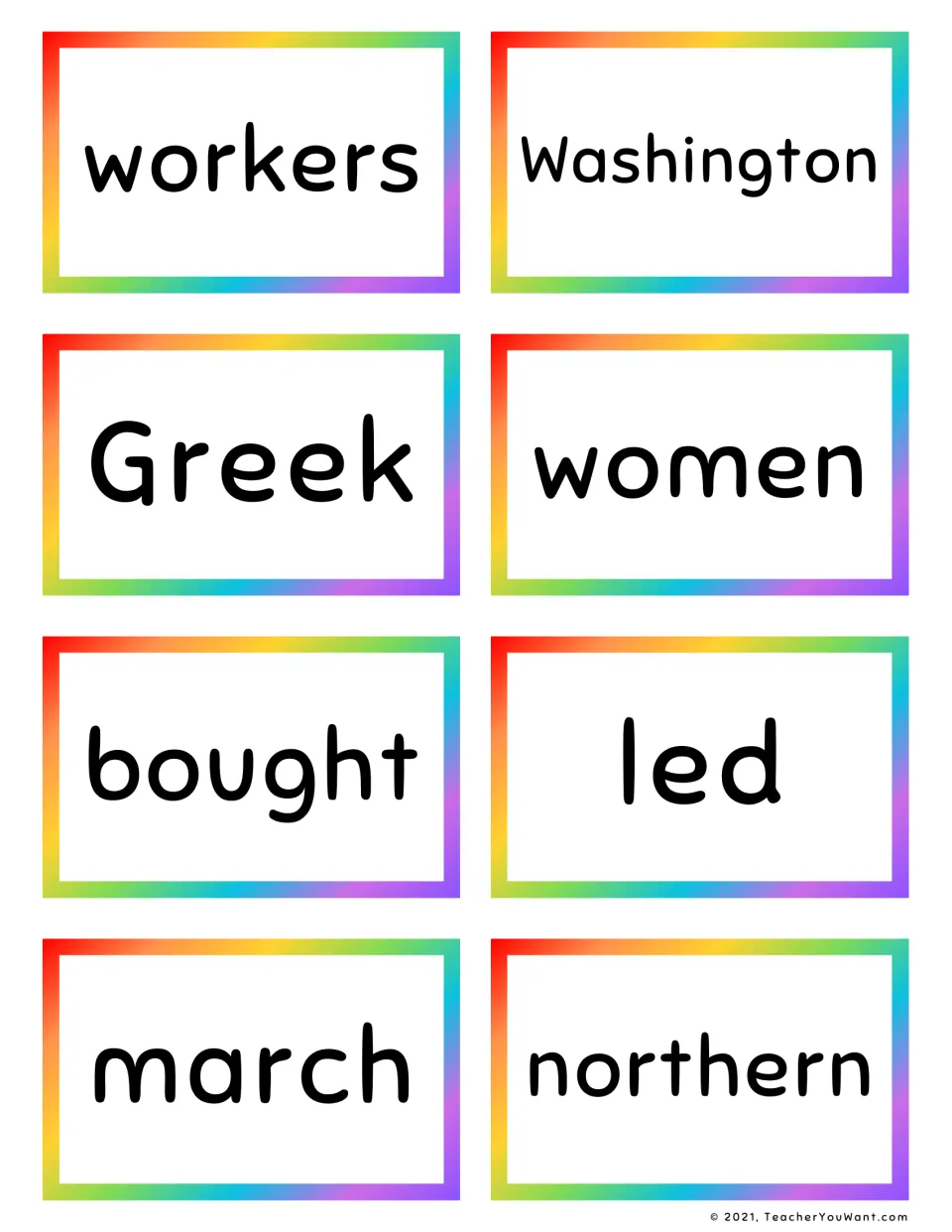 Sight word flashcards 61–68: workers, Washington, Greek, women, bought, led, march and northern