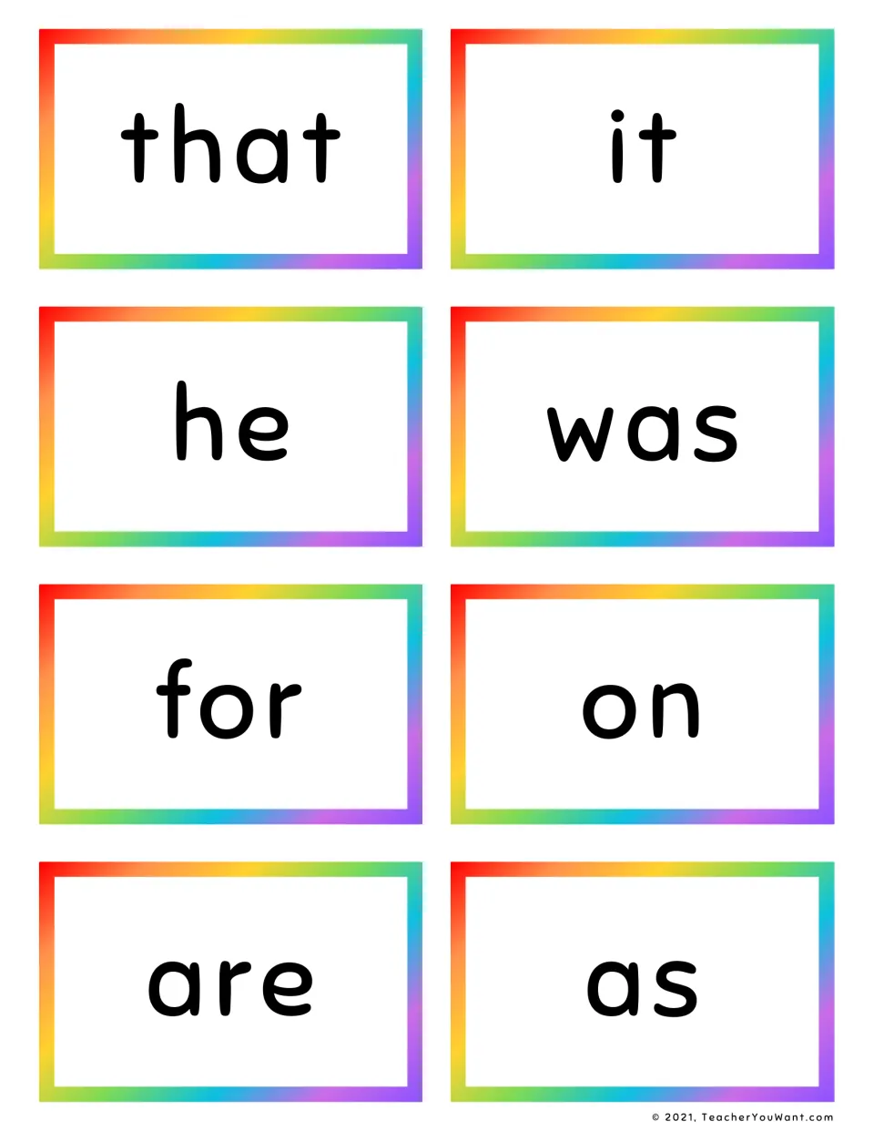 Sight word cards for quick reading practice with eight more Fry words: that, it, he, was, for, on, are, as