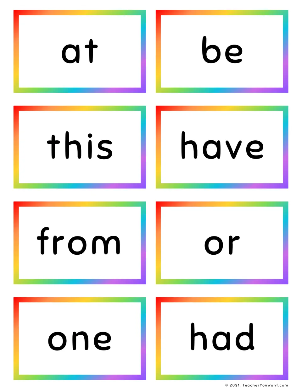 High-frequency word cards for students to read and recall quickly: at, be, this, have, from, or, one, had