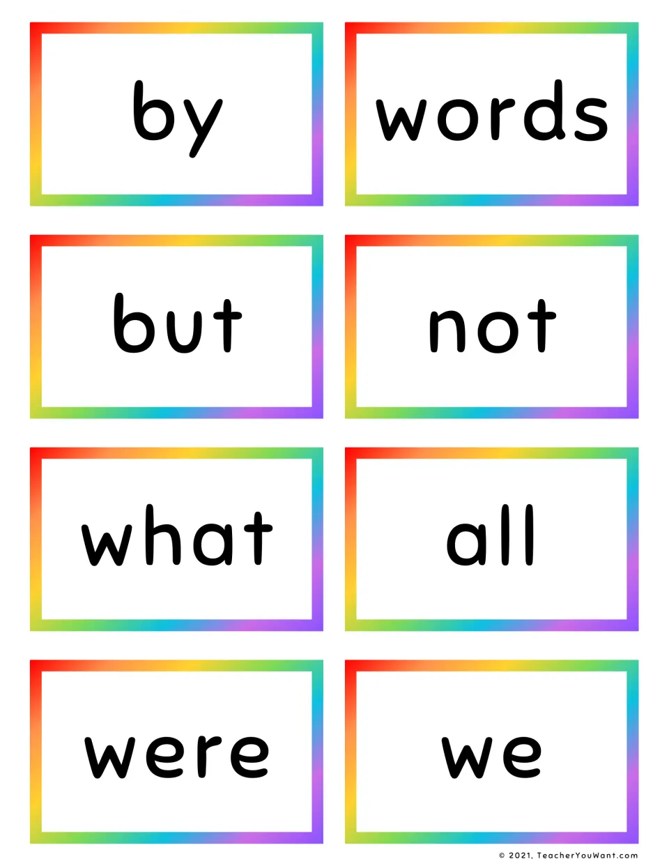 Fry list word cards to practise reading at a glance: by, words, but, not, what, all, were and we