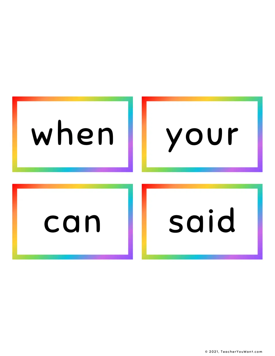 Four sight word cards for instant recognition practice: when, your, can and said