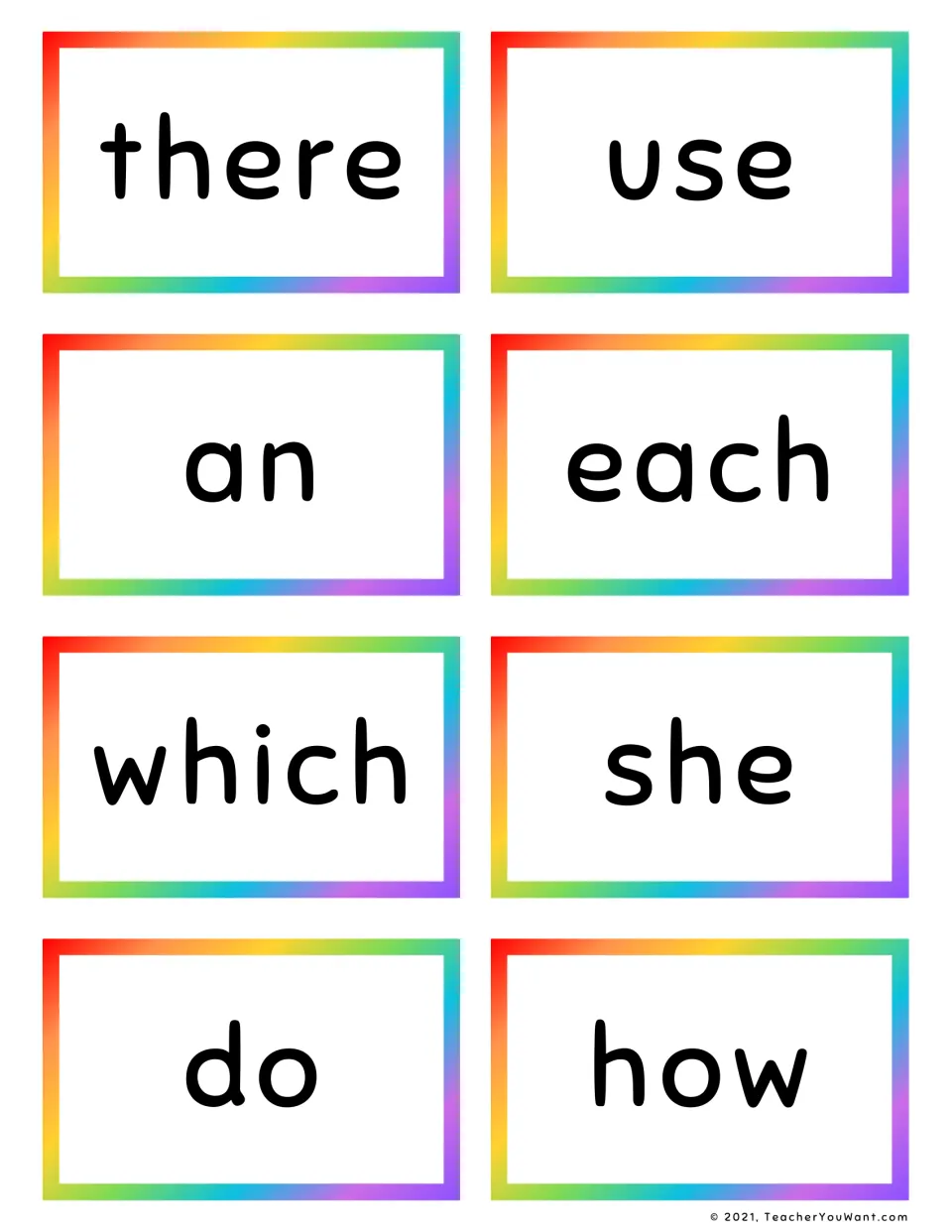Word recognition flash cards with eight Fry words to read aloud: there, use, an, each, which, she, do, how
