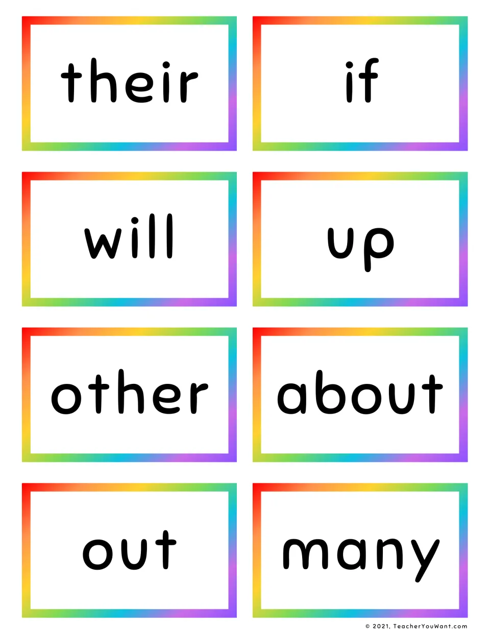 Cut-apart cards for practising high-frequency words by sight: their, if, will, up, other, about, out, many