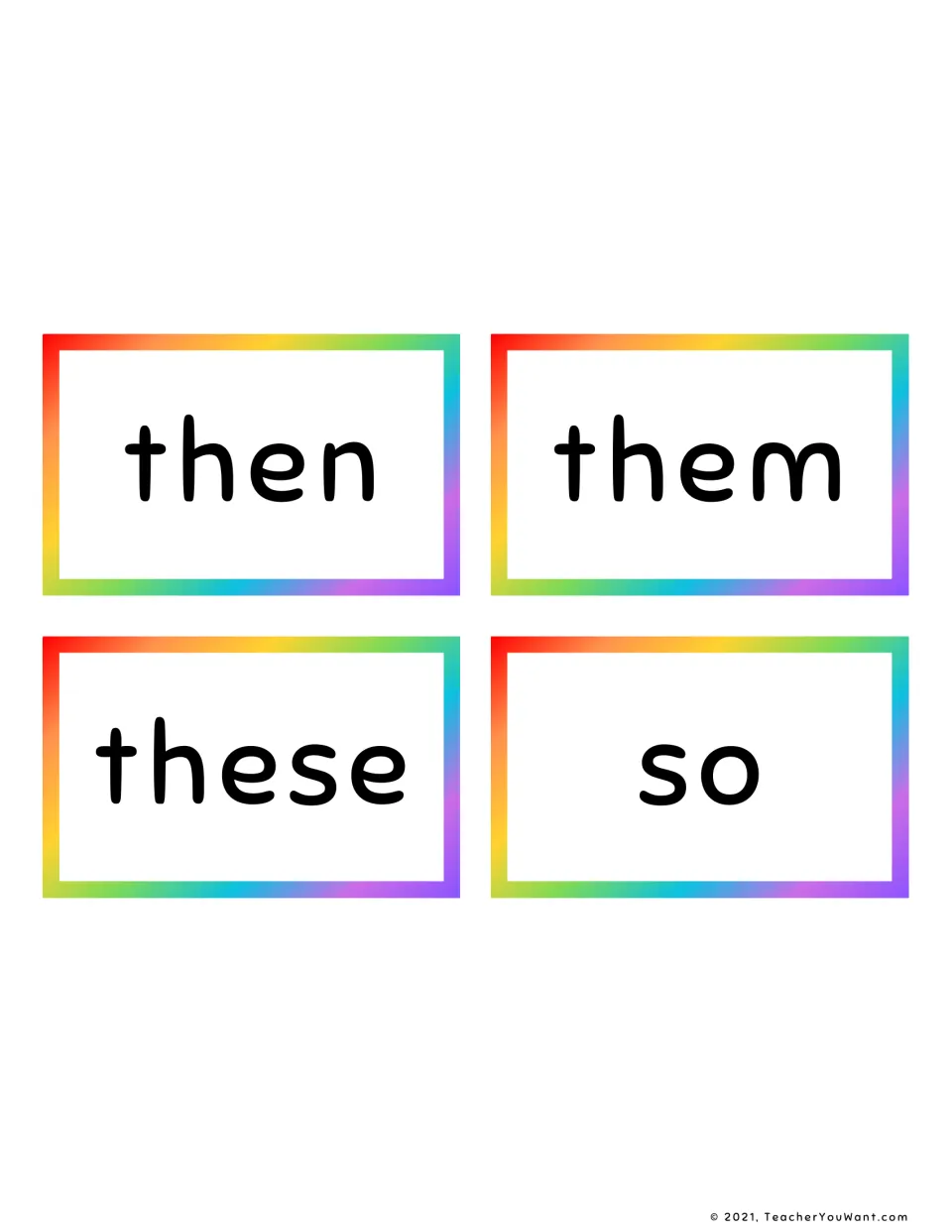 Four Fry sight words on cards for students to read quickly, including look-alikes: then, them, these and so