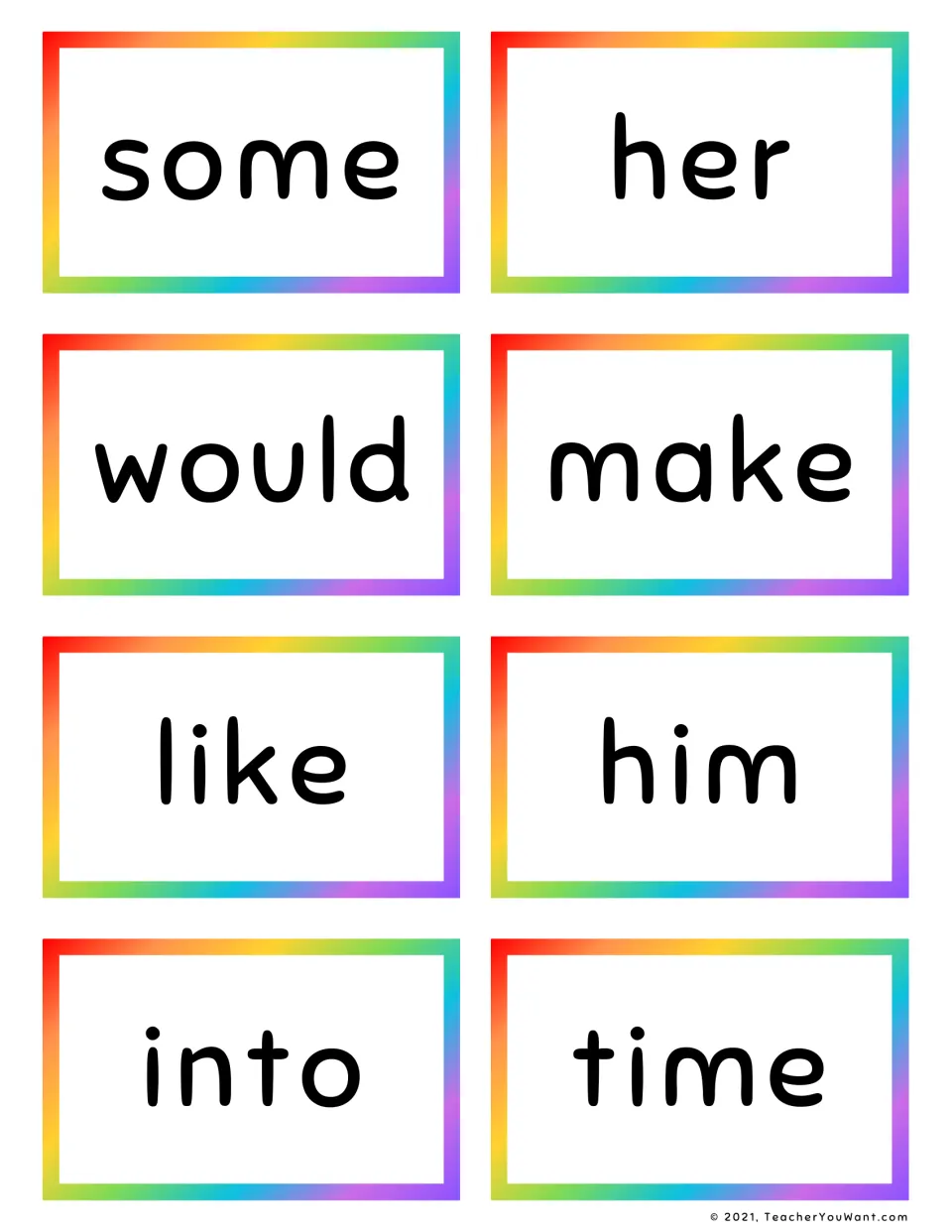 Flash cards for reading common words automatically: some, her, would, make, like, him, into and time