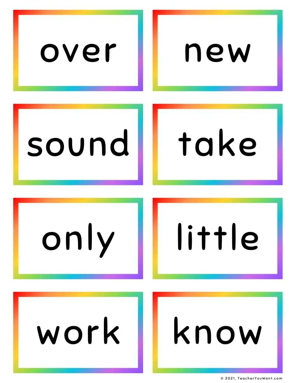 Fry sight word flash cards: eight cards with over, new, sound, take, only, little, work and know for quick reading