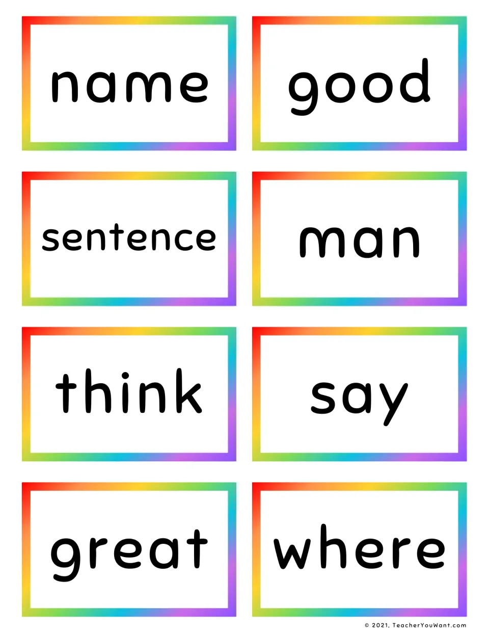 High-frequency word cards for name, good, sentence, man, think, say, great and where for practising instant recognition