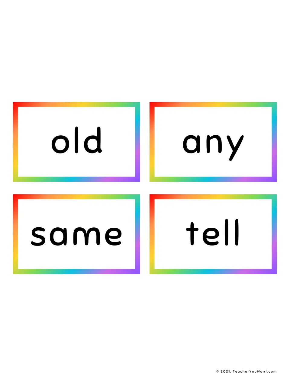 Four high-frequency word flash cards for old, any, same and tell, each word in large print for whole-word reading practice