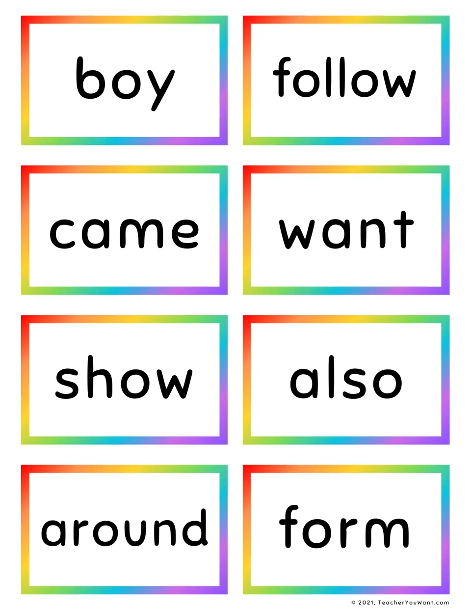 Sight word flash cards for boy, follow, came, want, show, also, around and form, one word per card for fluent reading