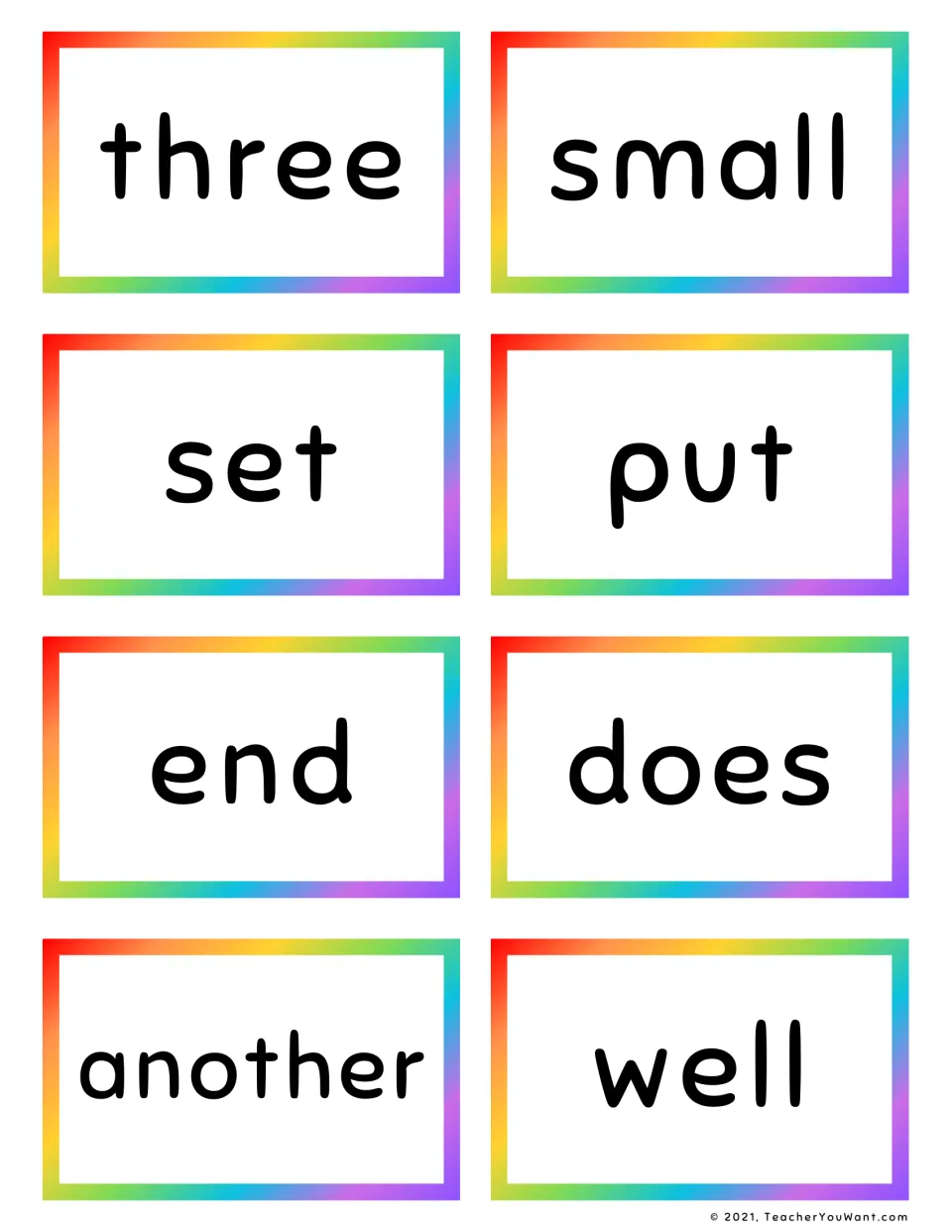 Word cards with three, small, set, put, end, does, another and well, large print words for students to read at a glance