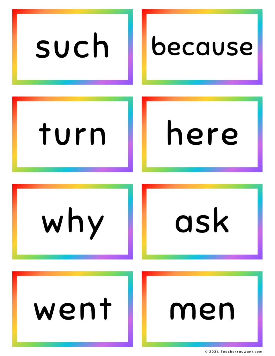 High-frequency word flash cards for such, because, turn, here, why, ask, went and men, for reading each word on sight