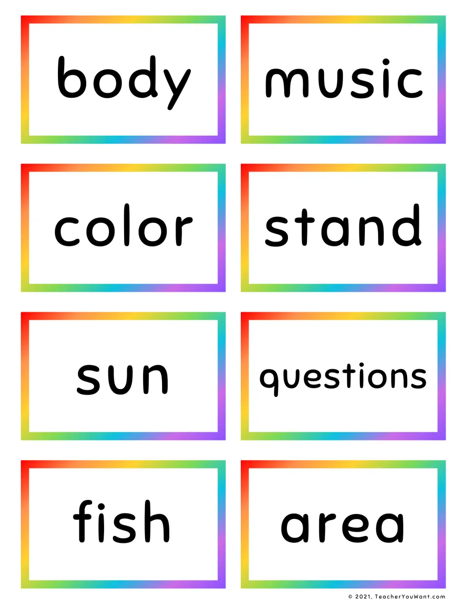 Fry sight word flashcards 1–8: body, music, color, stand, sun, questions, fish, and area.