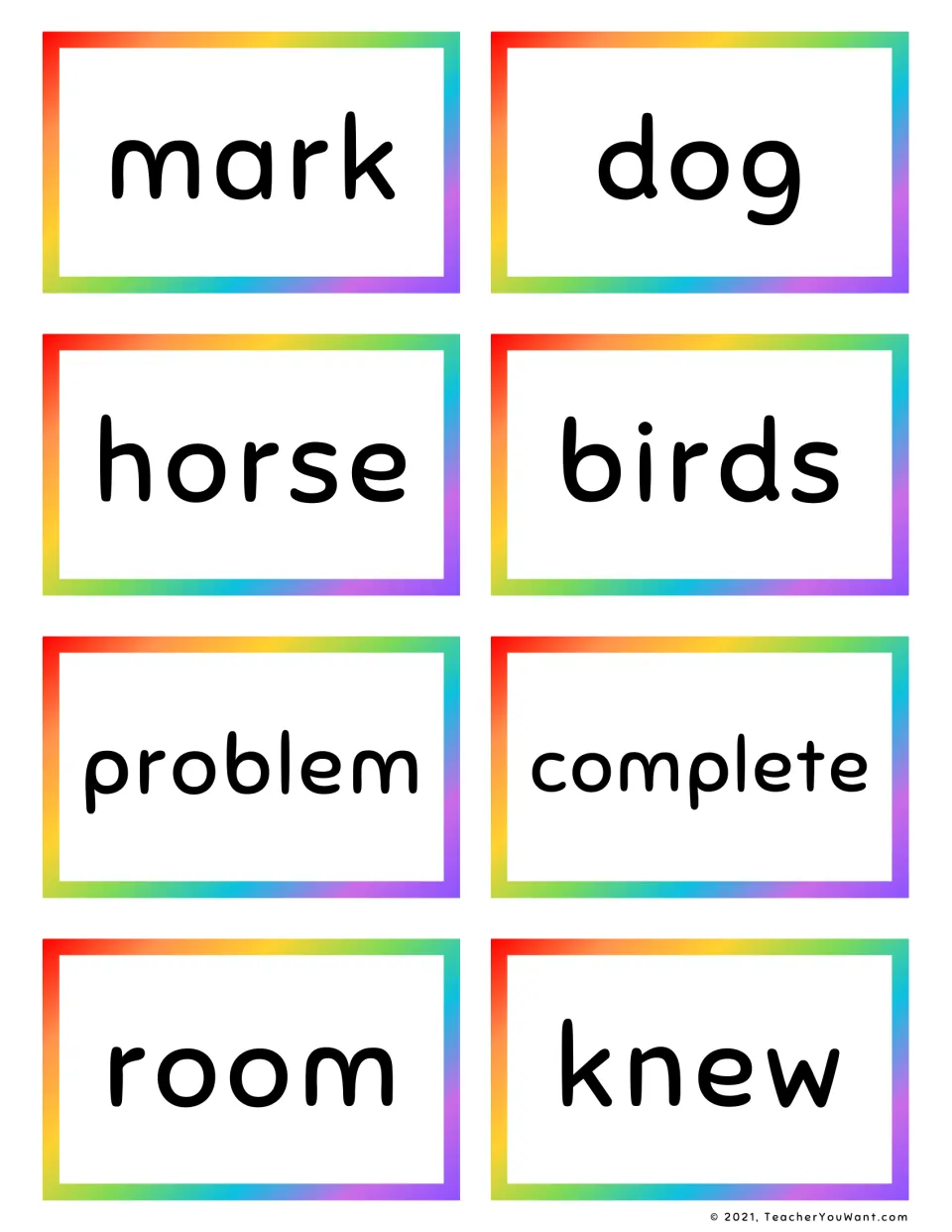 Fry sight word flashcards 9–16: mark, dog, horse, birds, problem, complete, room, and knew.