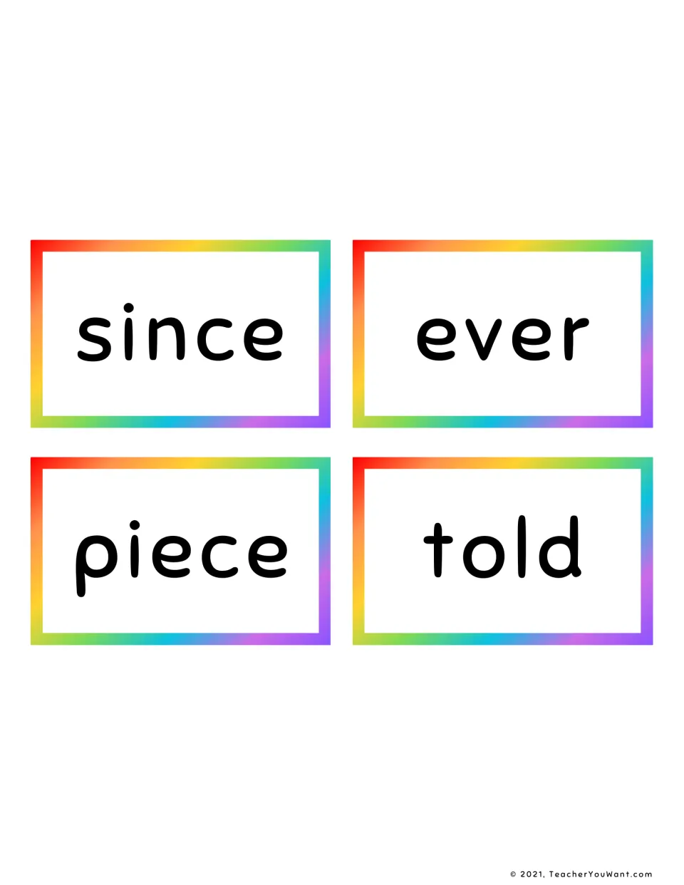 Fry sight word flashcards 17–20: since, ever, piece, and told, four cards from the fourth 100 words.