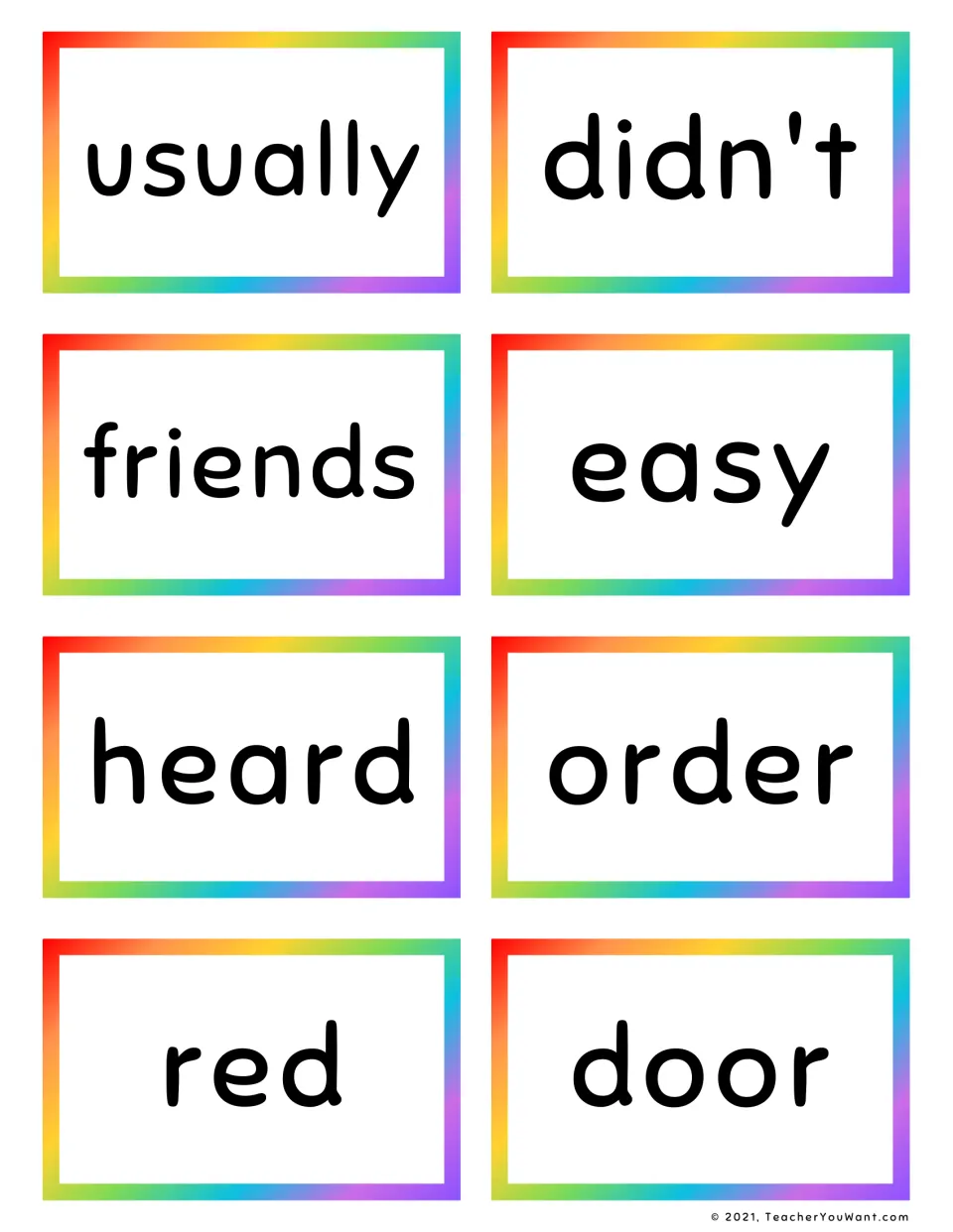 Fry sight word flashcards 21–28: usually, didn't, friends, easy, heard, order, red, and door.