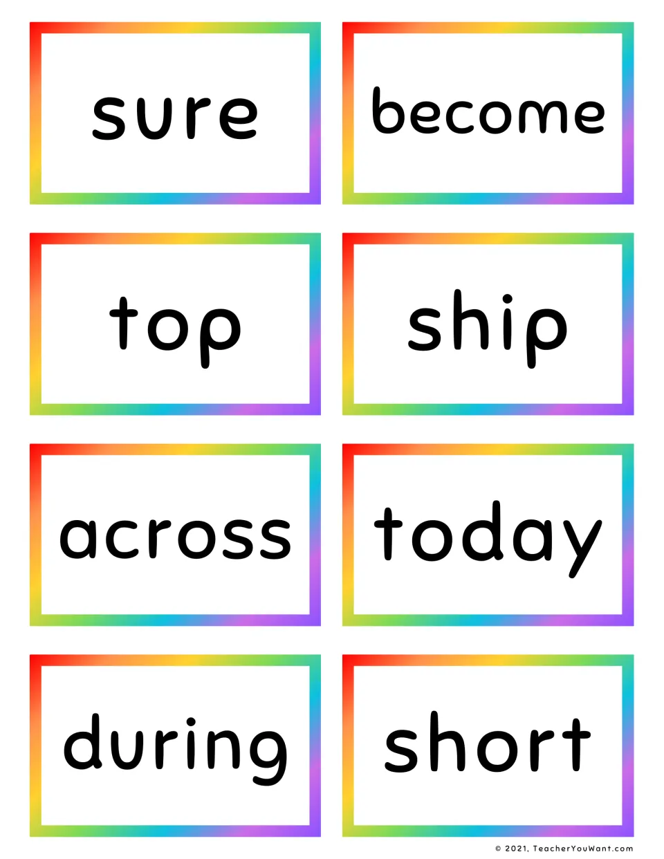 Fry sight word flashcards 29–36: sure, become, top, ship, across, today, during, and short.