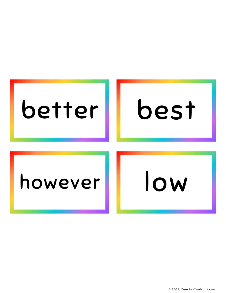 Fry sight word flashcards 37–40: better, best, however, and low, four cards from the fourth 100 words.