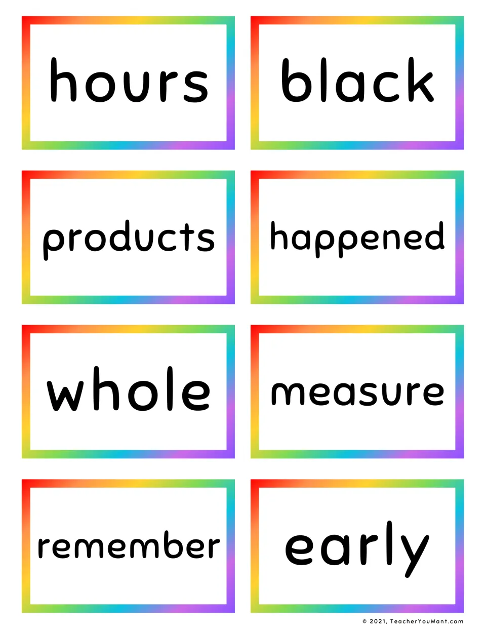 Fry sight word flashcards 41–48: hours, black, products, happened, whole, measure, remember, and early.