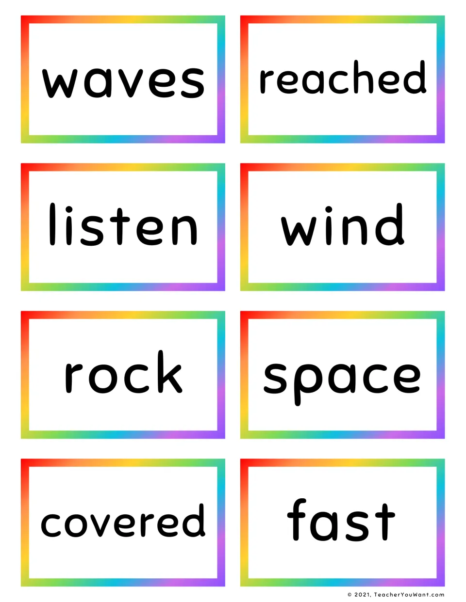 Fry sight word flashcards 49–56: waves, reached, listen, wind, rock, space, covered, and fast.