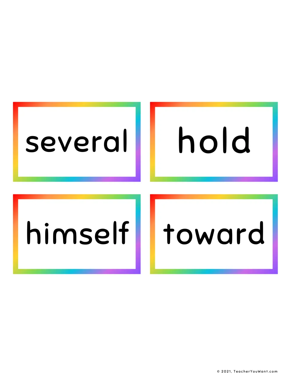 Fry sight word flashcards 57–60: several, hold, himself, and toward, from the fourth 100 words.