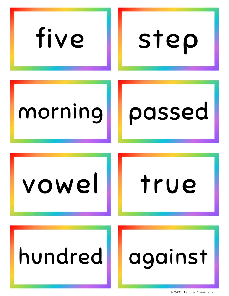 Fry sight word flashcards 61–68: five, step, morning, passed, vowel, true, hundred, and against.