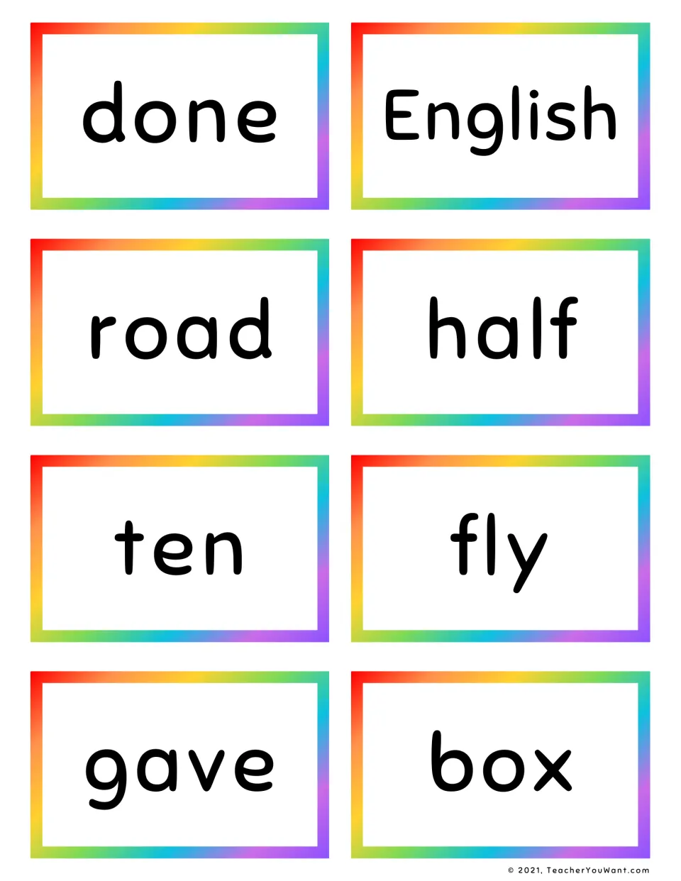 Fry sight word flashcards 1–8: done, English, road, half, ten, fly, gave, and box, for reading practice