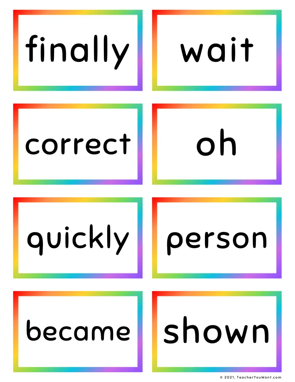 Fry sight word flashcards 9–16: finally, wait, correct, oh, quickly, person, became, and shown