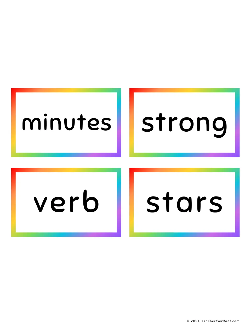 Fry sight word flashcards 17–20: minutes, strong, verb, and stars, for cut-apart reading practice