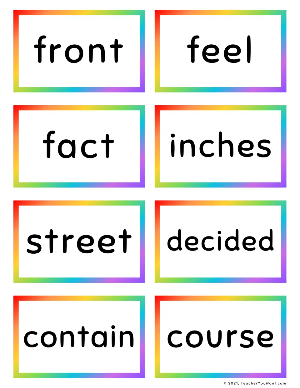 Fry sight word flashcards 21–28: front, feel, fact, inches, street, decided, contain, and course